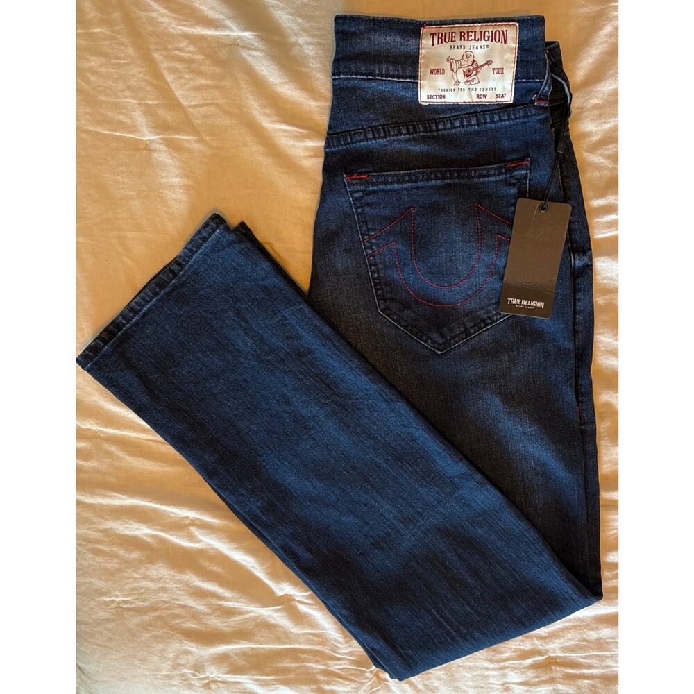 NWT True Religion Jeans Mens 30x34 Ricky SN Straight Red Stitch Dark Indigo Blue